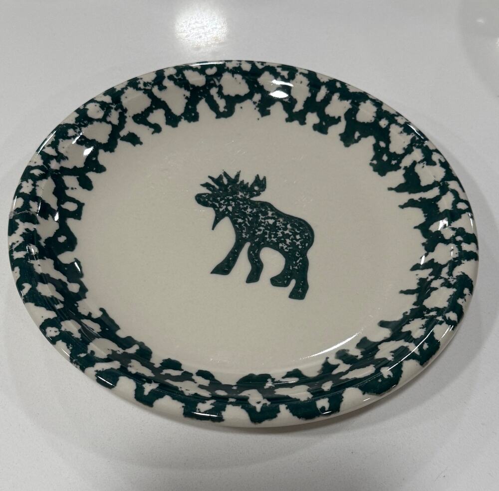 VINTAGE Tienshan Moose Country Salad Plates Set 4 Folk Craft Spongeware 8 Inch